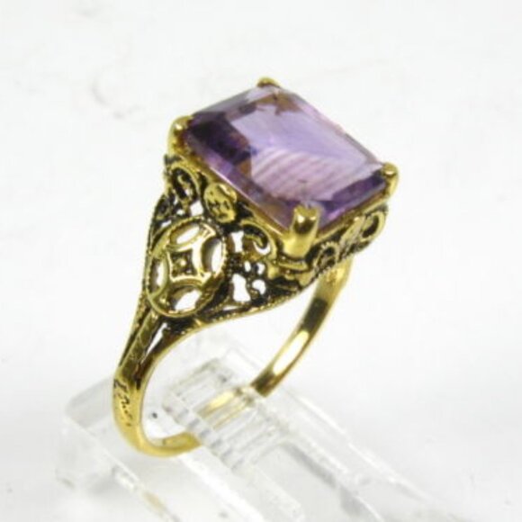 Vintage Womens Amethyst Victorian Style Ring 14kt Gold & 925 Silver Size 7